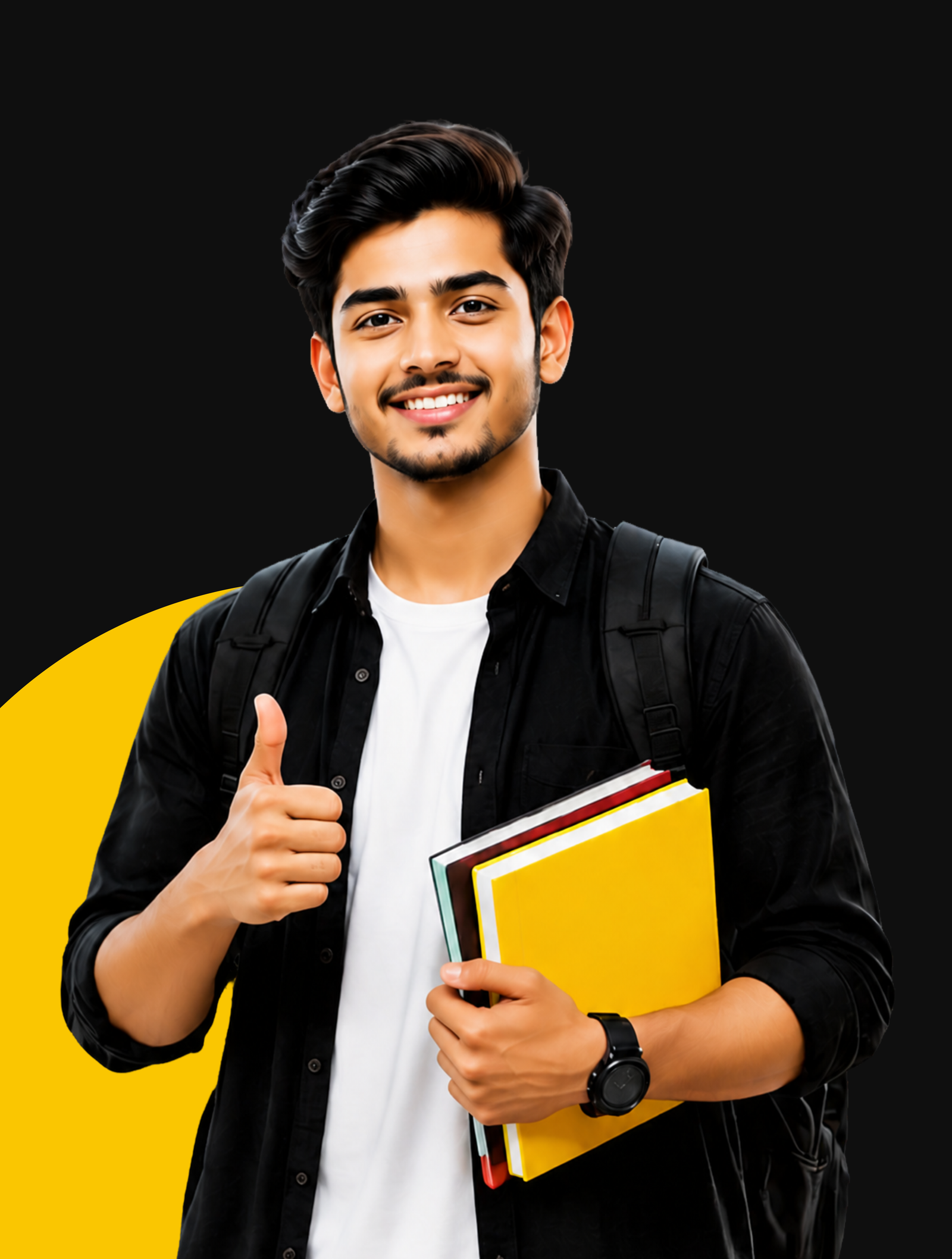 Sangath Academy student holding books and giving a thumbs up